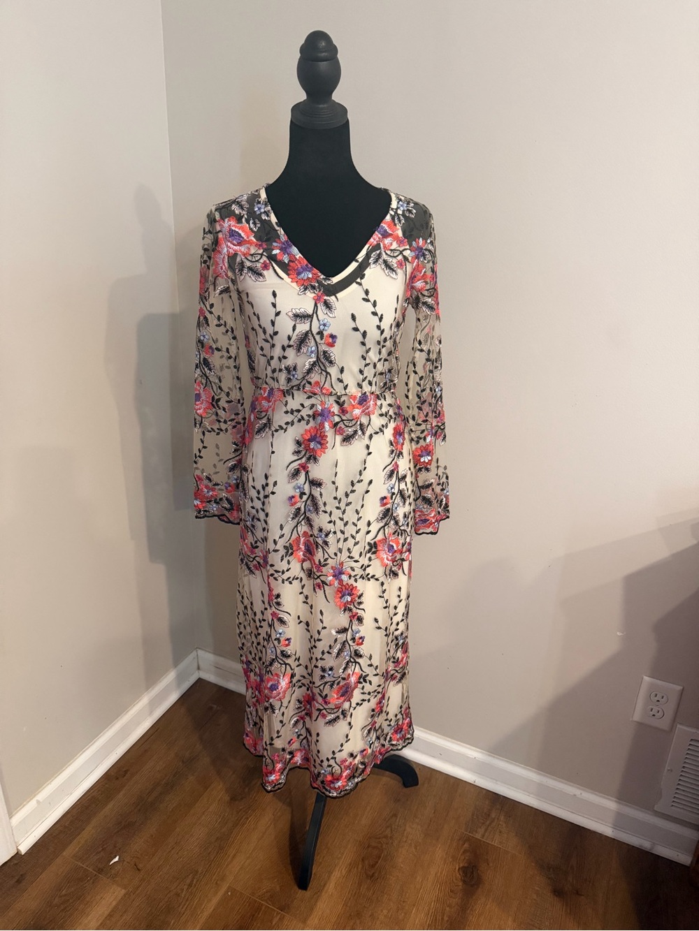 VILA Cream Midi Dress with Sheer Pink & Black Floral Print Dress